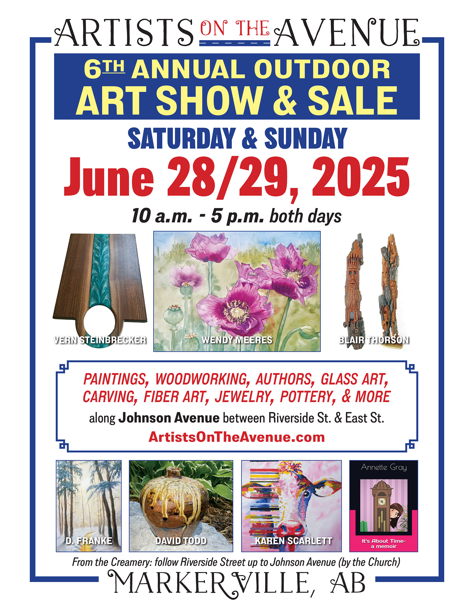 Artists on the Avenue poster for the 6th Annual Outdoor Art Show and Sale being held on June 28 and 29, 2025